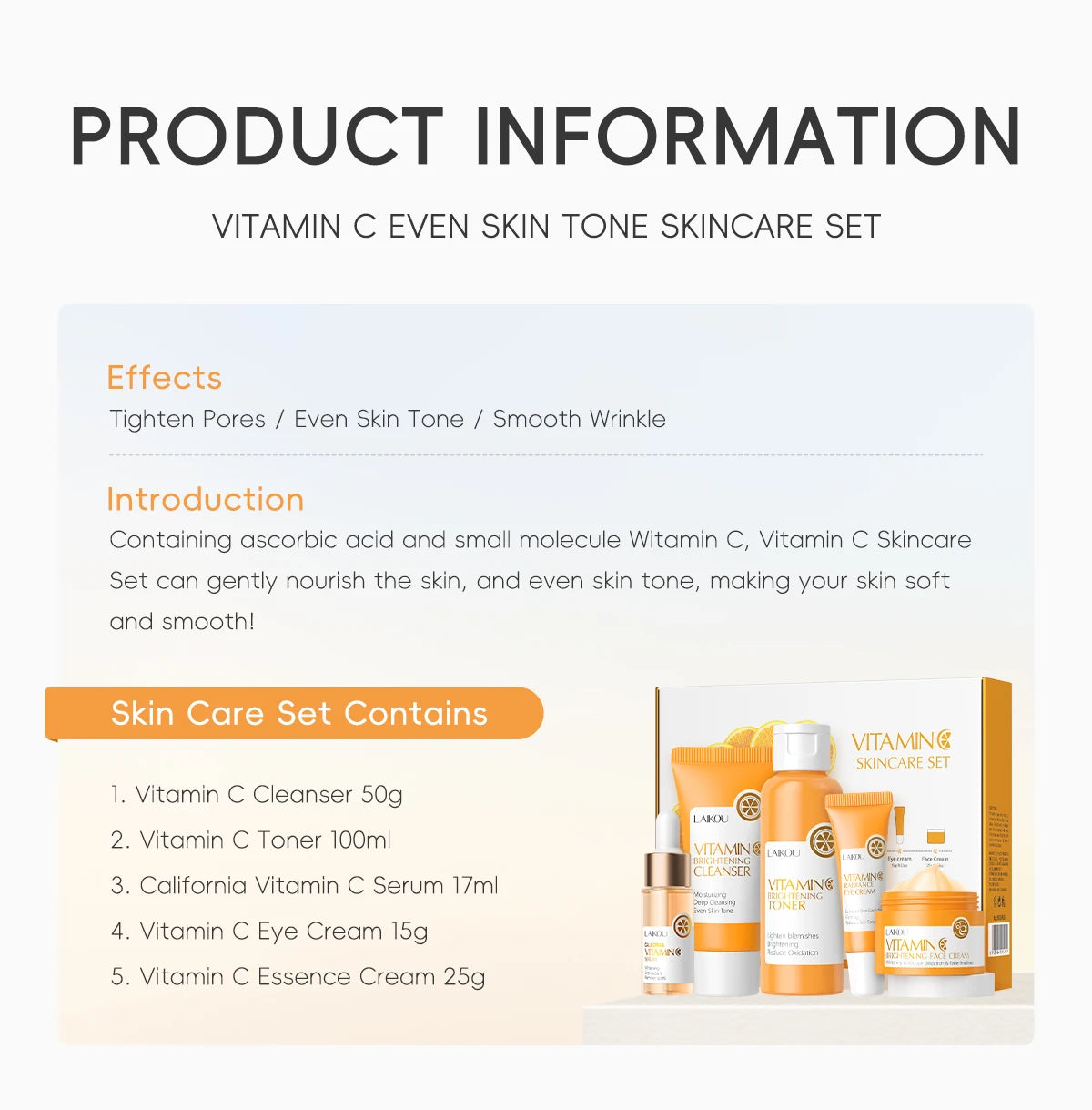 LAIKOU VITAMIN C Skincare Set Brightening 5Pcs Kit Even Skin Tone Smooth Wrinkle Tighten Pores Cleanser Toner Serum Eye Cream - PrimeNest
