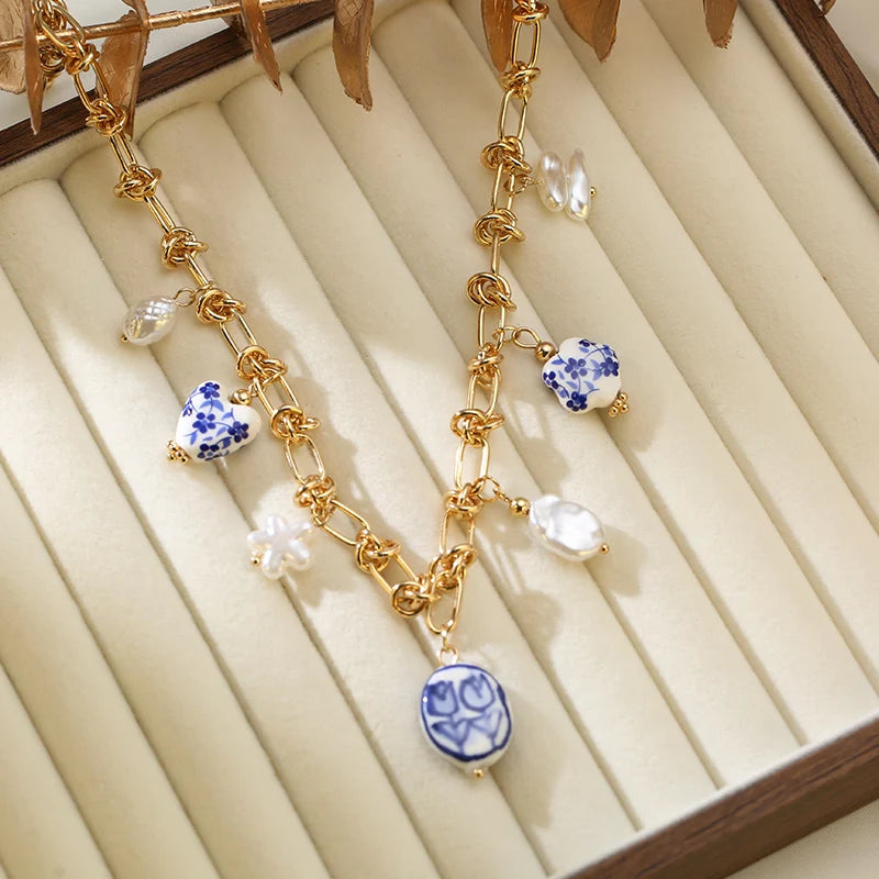EILIECK 316L Stainless Steel Charms Pearl Star Celadon Pendant Drop Necklace For Women Golden Popular Summer Fashion Jewelry