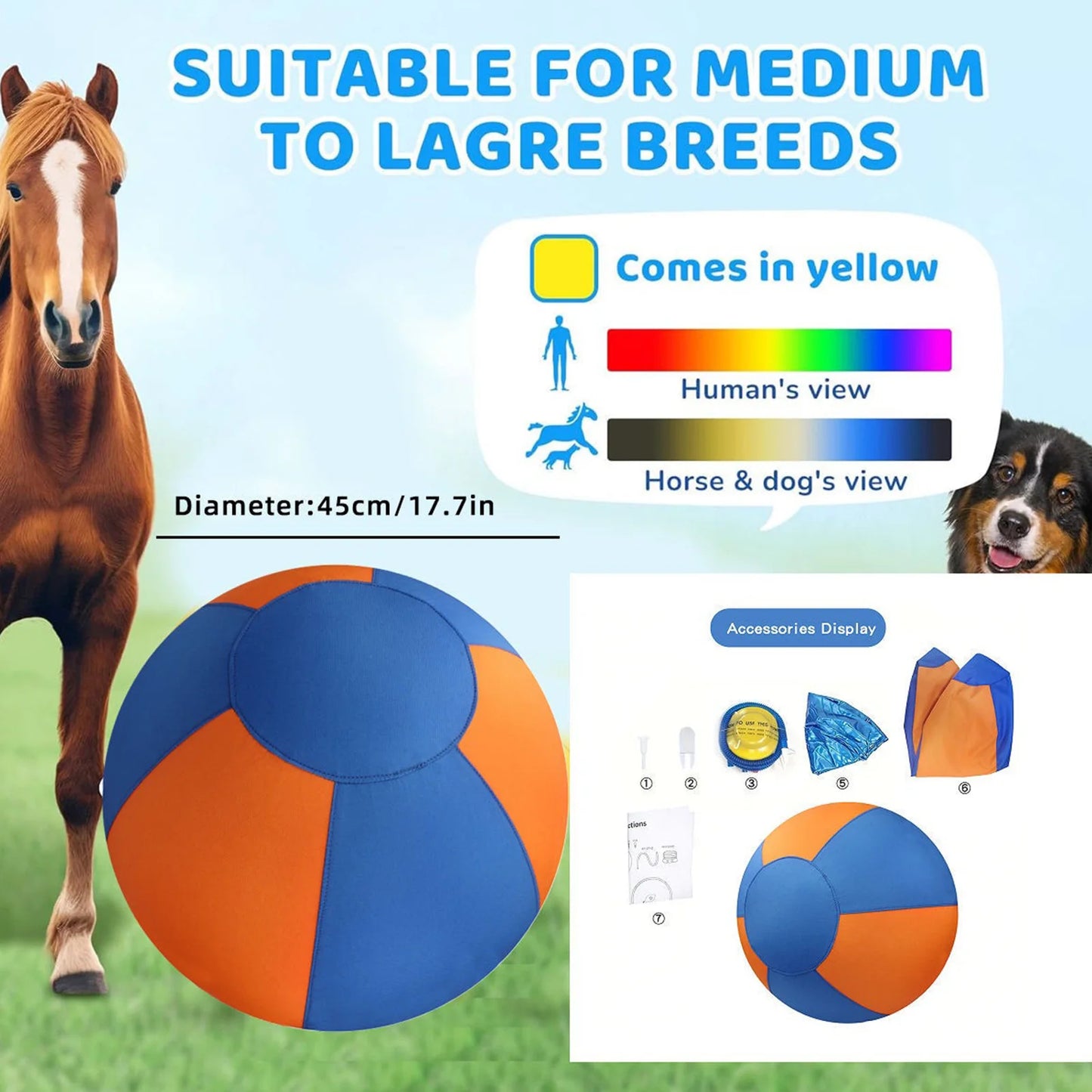 Blue and orange training ball shown with size diagram for medium to large breeds