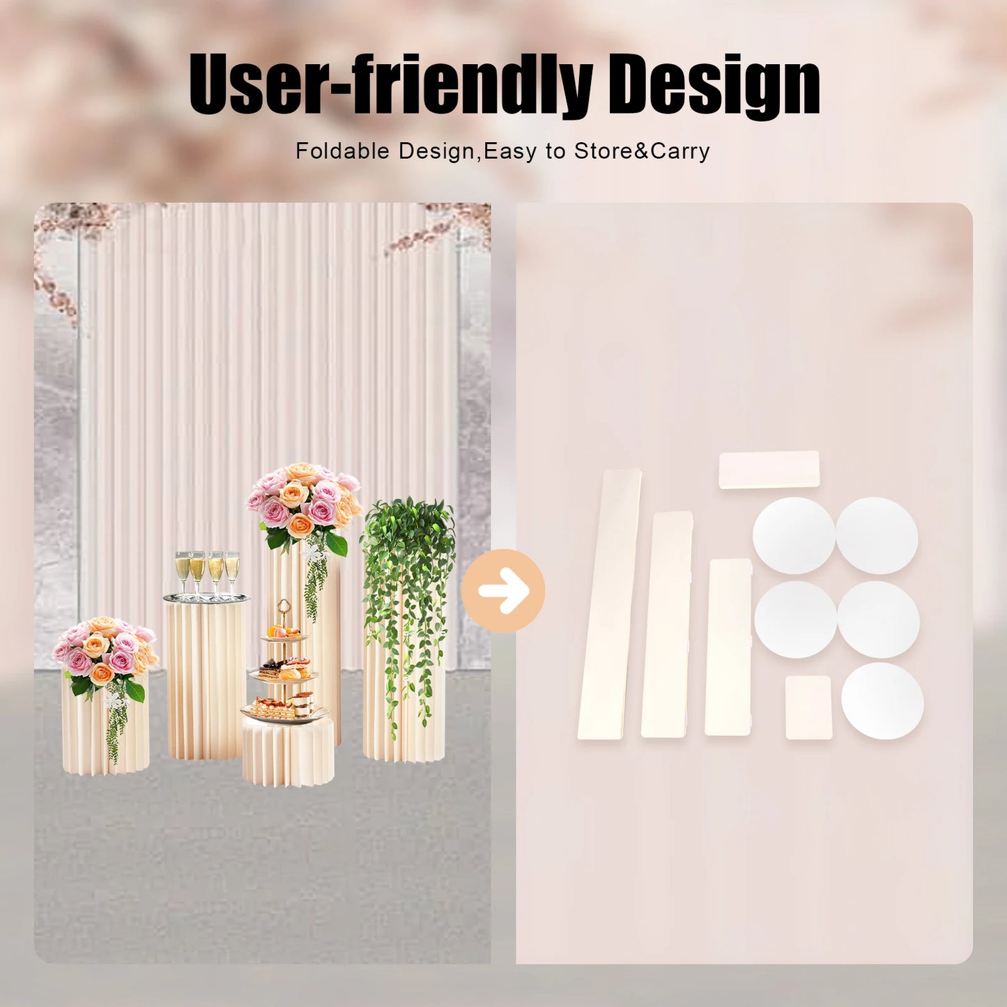 Milky white foldable cardboard flower stands with pre-cut slots and included stacked parts