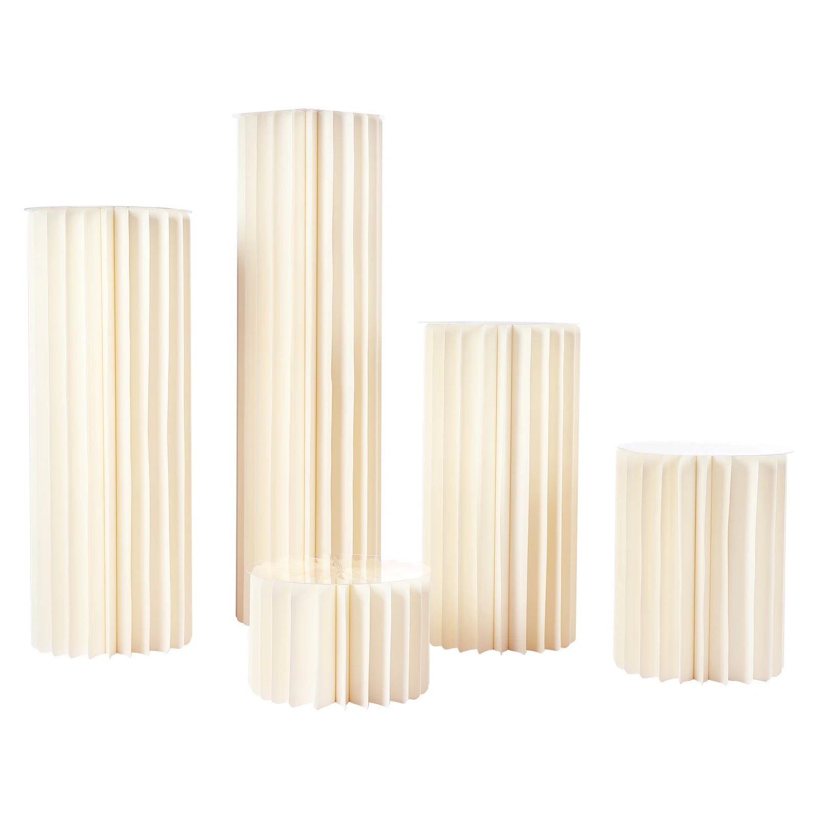 Milky white cardboard flower stand set of 5, cylindrical tier holders with scalloped tops