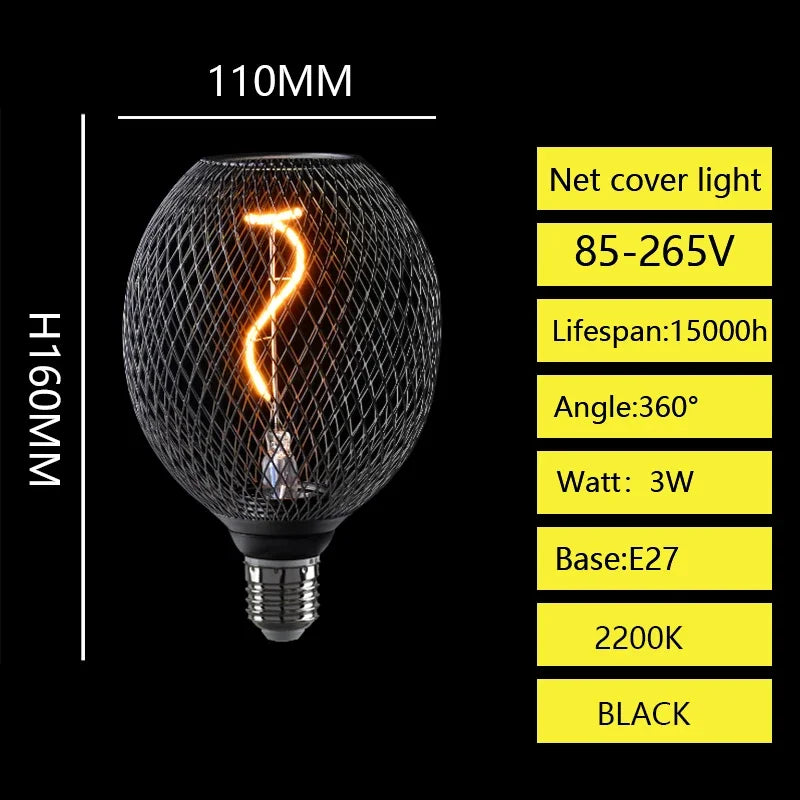 E27 Screw Creative Luxury Black Gold LED Light Bulb  Wrought Iron Mesh Cover Lamp Metal Cage Dining Bar Net Cover Light Lamp