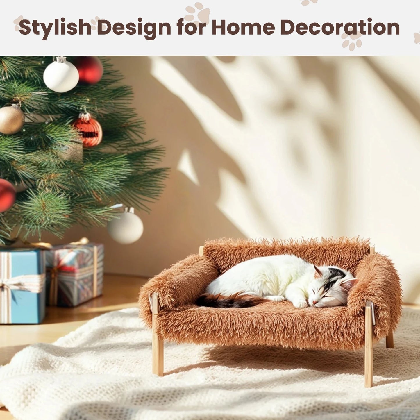 Raised Plush Cat Sofa Bed with Wooden Legs