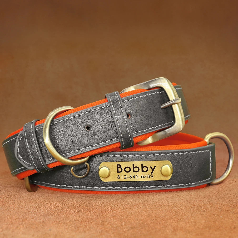 Customized PU Leather Nameplate Dog Collar Soft Padded Dogs Collars Free Engraving Name for Small Medium Large Dogs Adjustable - PrimeNest