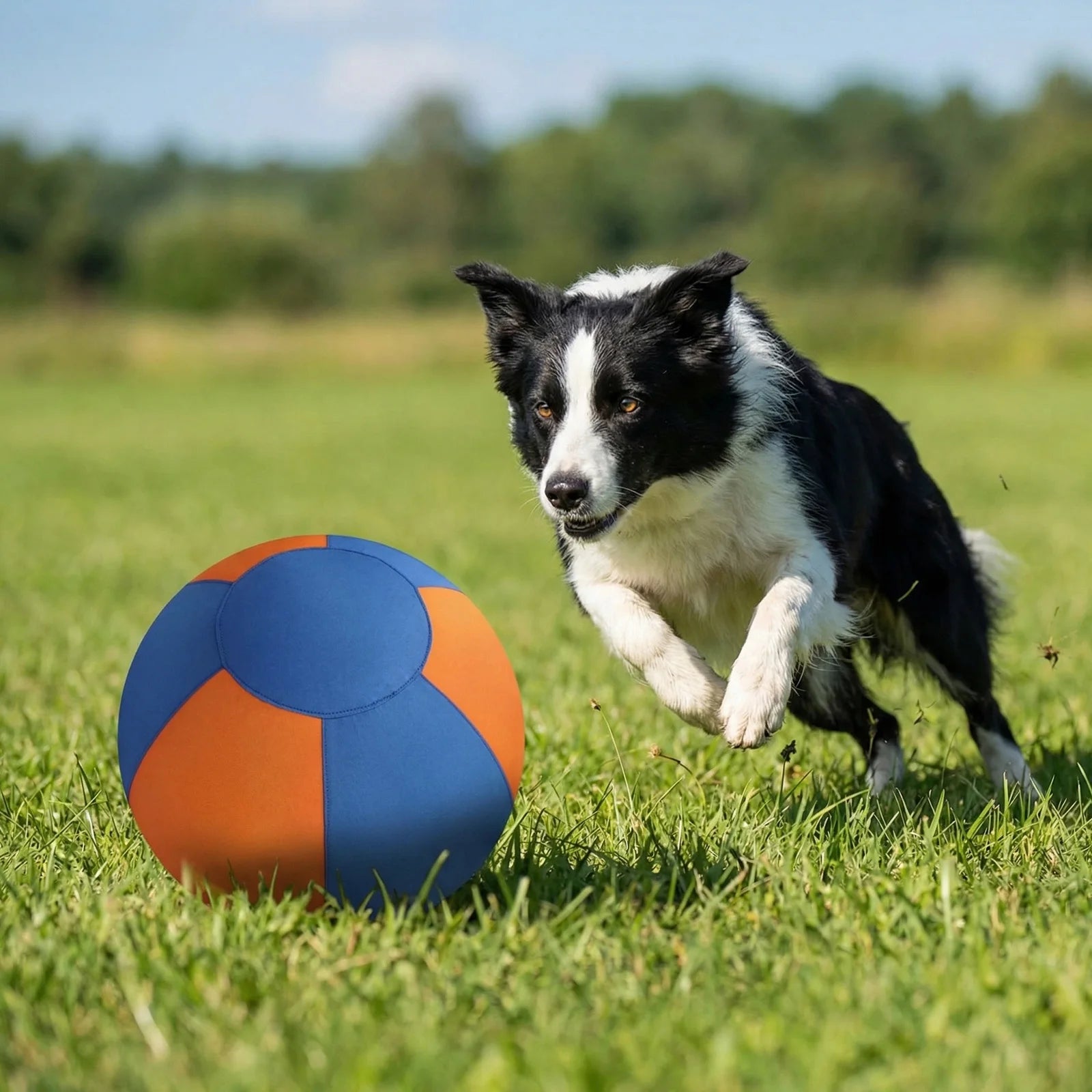 Blue and orange fabric herding ball for dogs, round toy on grass