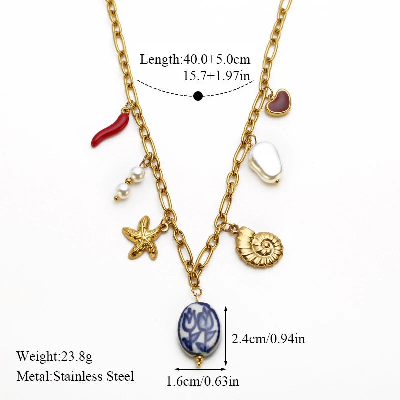 EILIECK 316L Stainless Steel Charms Pearl Star Celadon Pendant Drop Necklace For Women Golden Popular Summer Fashion Jewelry
