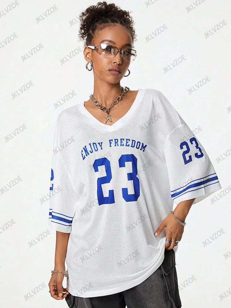 Orange Enjoy Freedom 23 Print T-Shirt For Women Summer New V-Neck Short Sleeve Sports Football Jersey Y2K Loose Oversized Tops