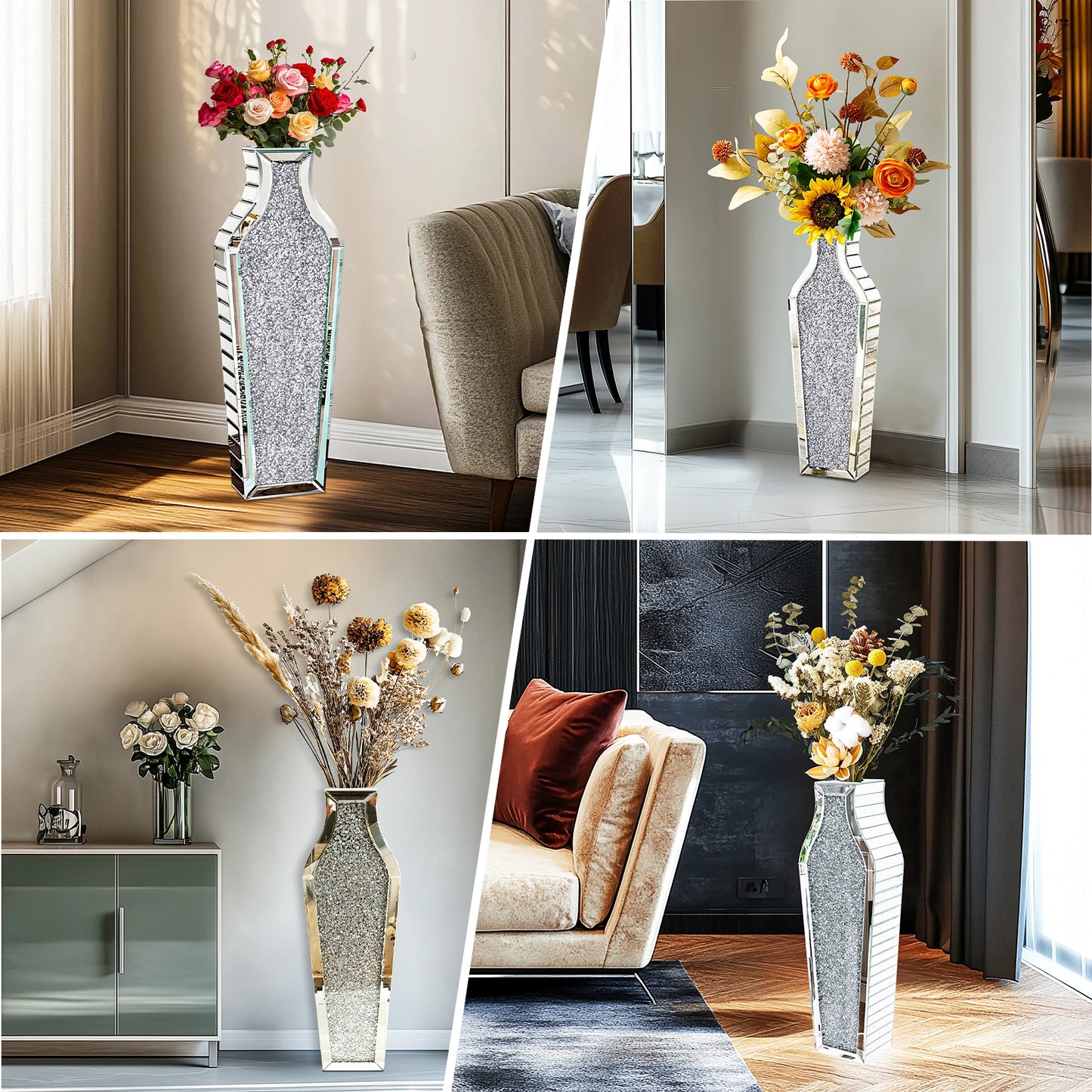 Crushed Diamond Floor Vase | Silver Mirrored Glass