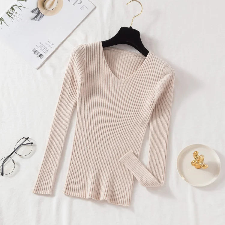 Autumn Winter Women Sweaters Casual Long Sleeve Knitted V Neck Pullover Sweater Femme Basic Solid Jersey Tops Fashion Clothes - PrimeNest