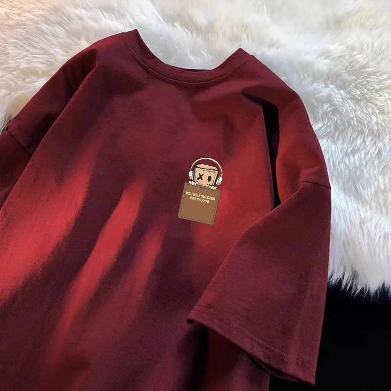 Burgundy oversized unisex T-shirt with small chest graphic patch