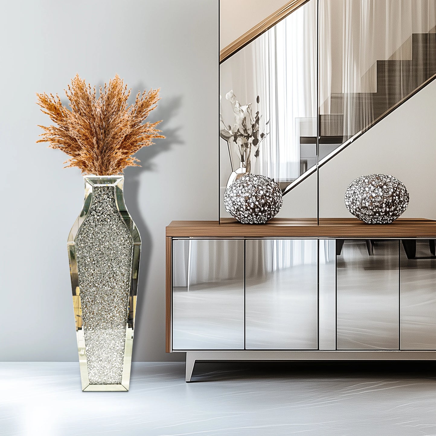 Crushed Diamond Floor Vase | Silver Mirrored Glass