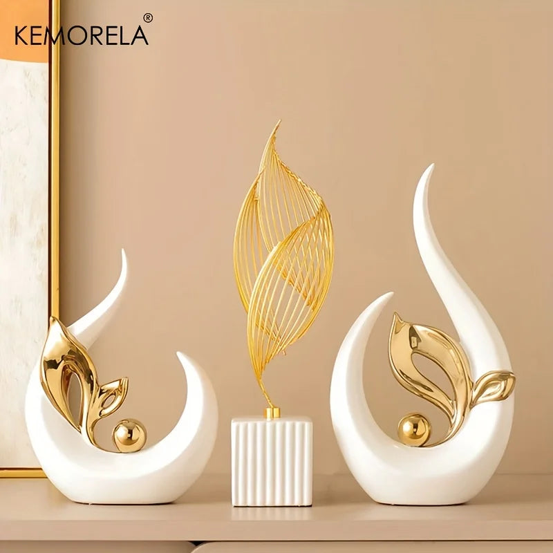 Nordic ceramic figurine with white crescent base, gold leaf accents, and gold wire ornament