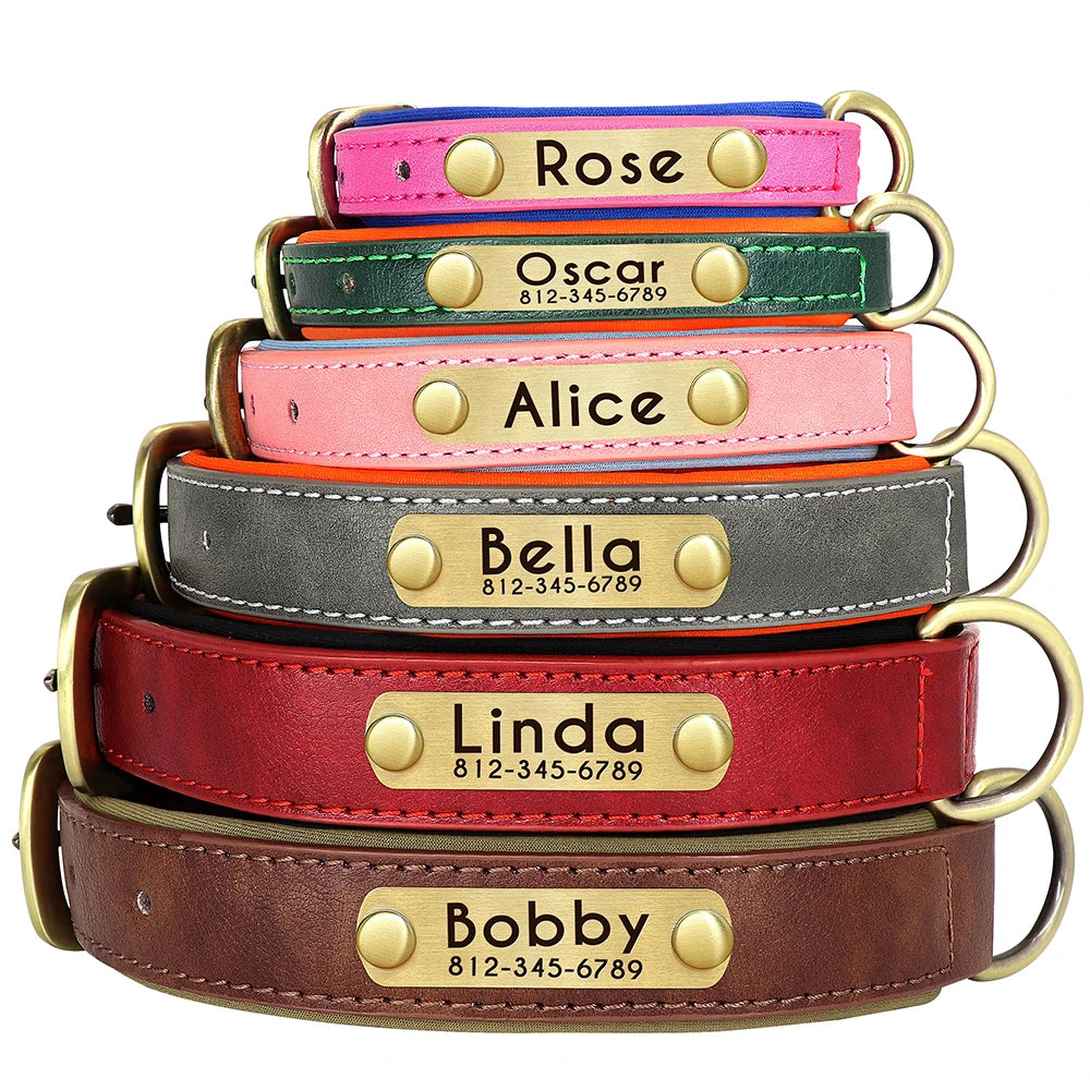 Personalized PU Leather Dog Collar Soft Padded Dog Collars Free Custom Pet ID Name Necklace for Small Medium Large Dogs Pitbull