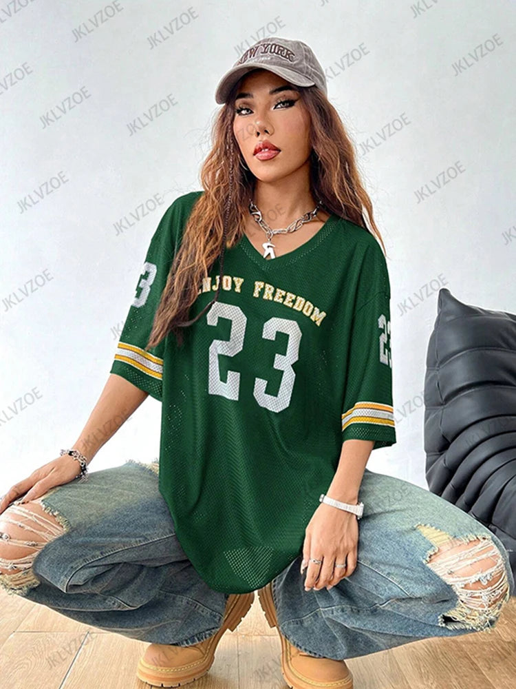 Orange Enjoy Freedom 23 Print T-Shirt For Women Summer New V-Neck Short Sleeve Sports Football Jersey Y2K Loose Oversized Tops