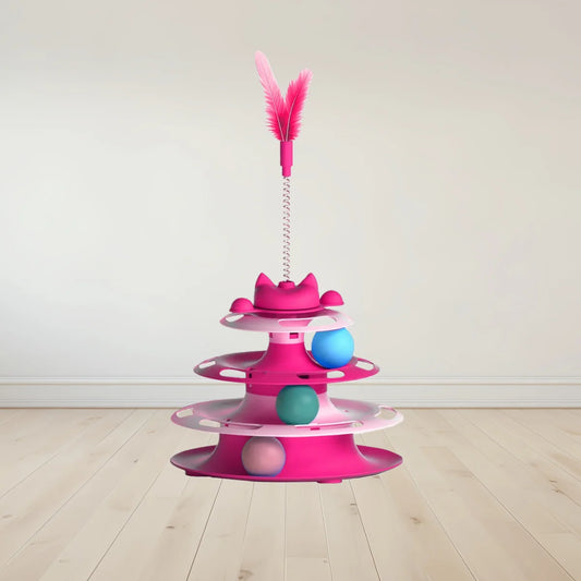 Pink cat turntable toy with feather wand and stacked rotating platform, three balls