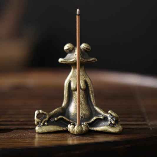 Frog incense burner set with incense stick on lotus base, zinc alloy, bronze-gold