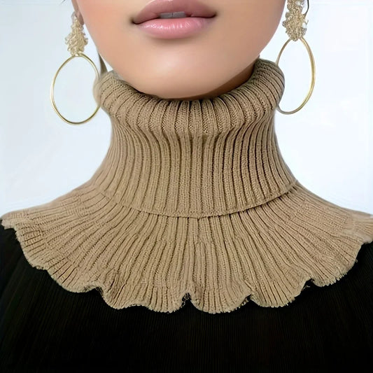 Khaki rib-knit neck warmer scarf with scalloped ruffle edge