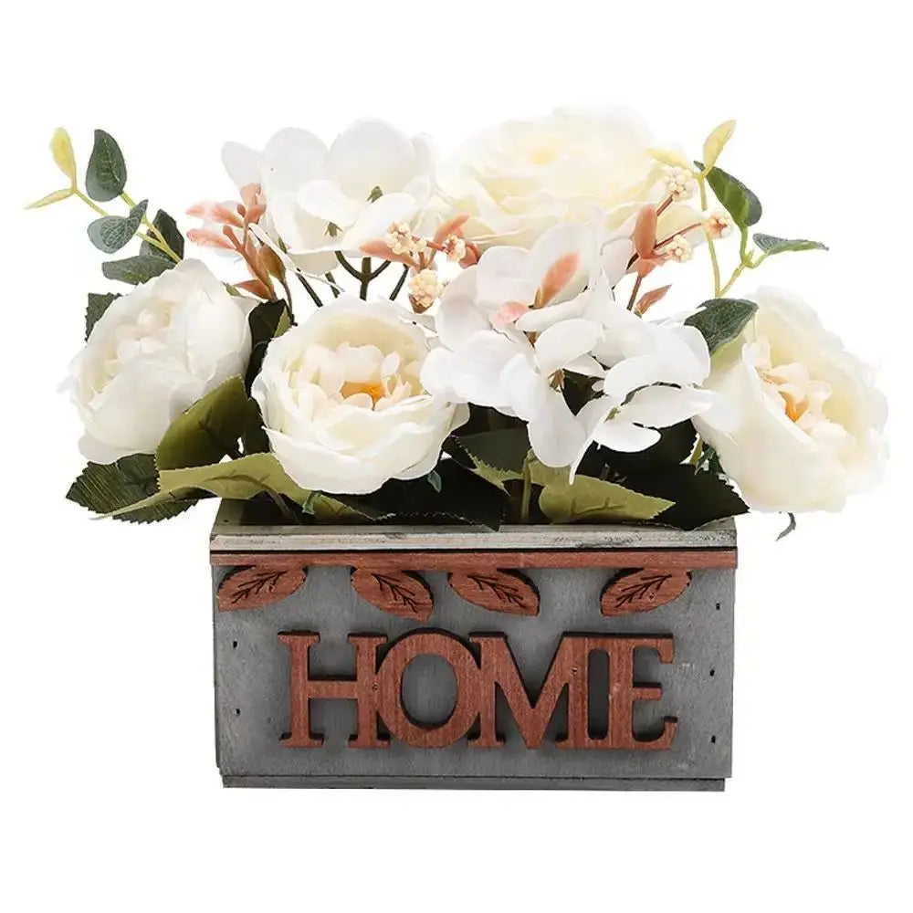 Artificial White Hydrangea in Wooden Pot