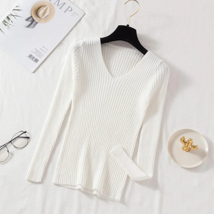 Autumn Winter Women Sweaters Casual Long Sleeve Knitted V Neck Pullover Sweater Femme Basic Solid Jersey Tops Fashion Clothes - PrimeNest