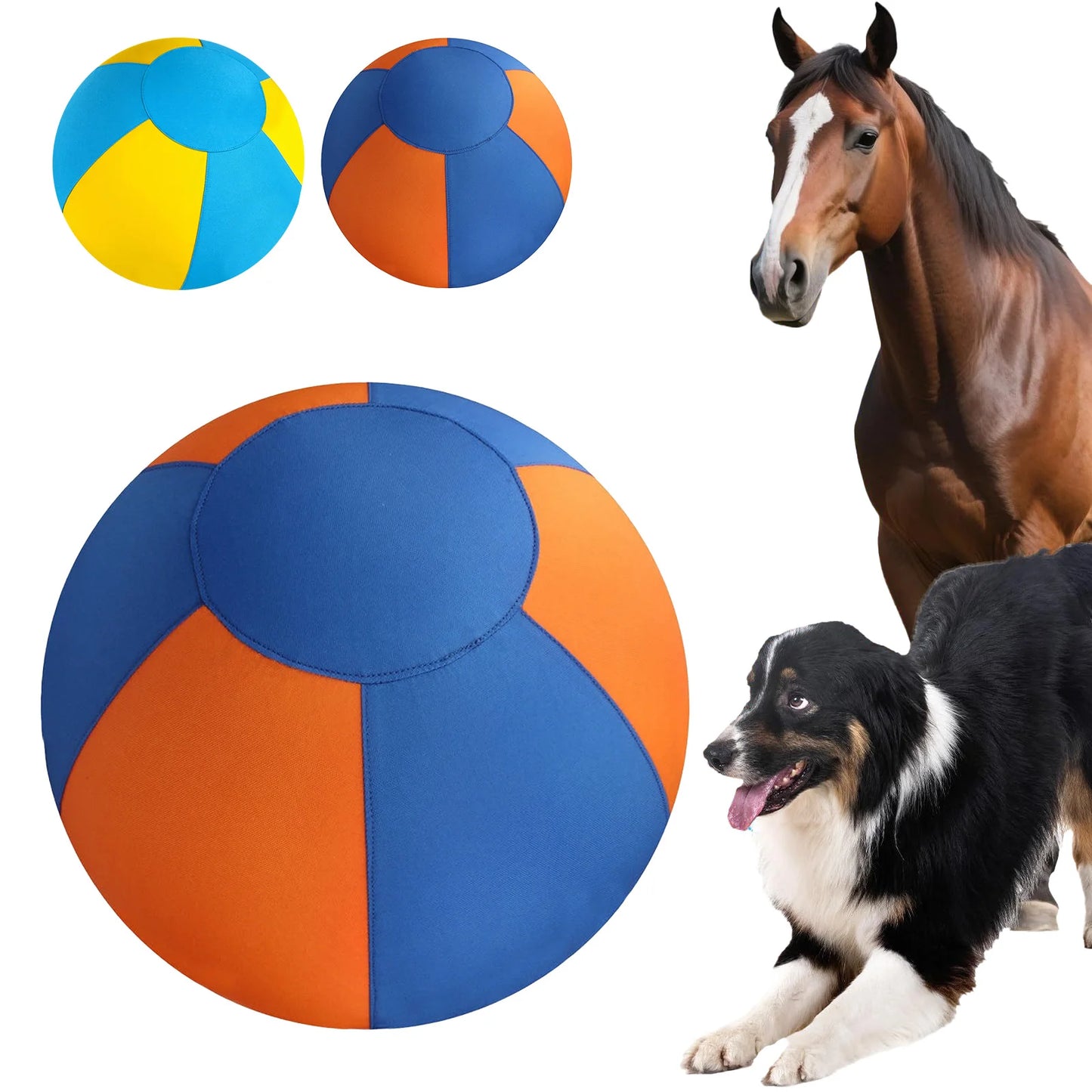 Blue-and-orange fabric herding ball with dog pair, product and dogs on white