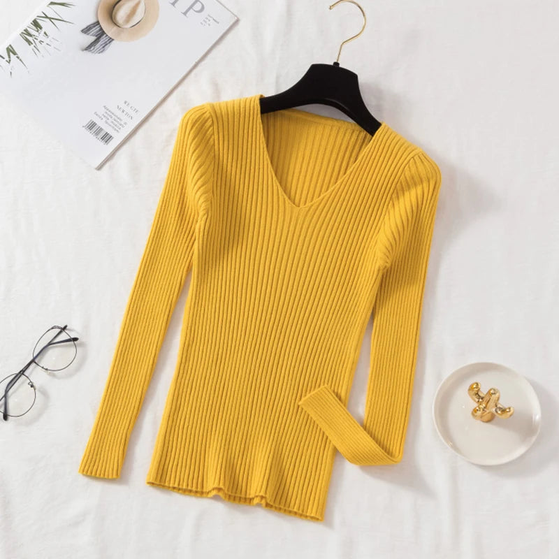 Autumn Winter Women Sweaters Casual Long Sleeve Knitted V Neck Pullover Sweater Femme Basic Solid Jersey Tops Fashion Clothes - PrimeNest