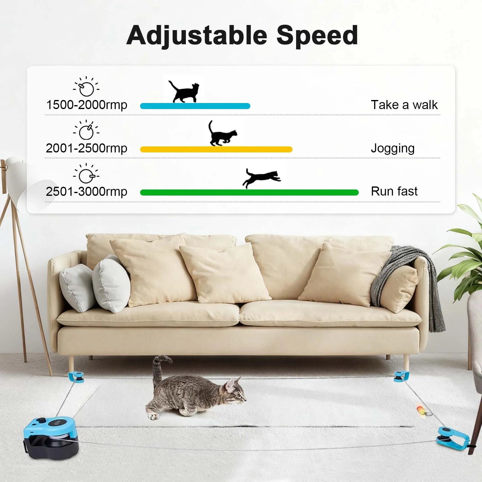 Blue cat treadmill toy with adjustable speed display and kitten running on the track