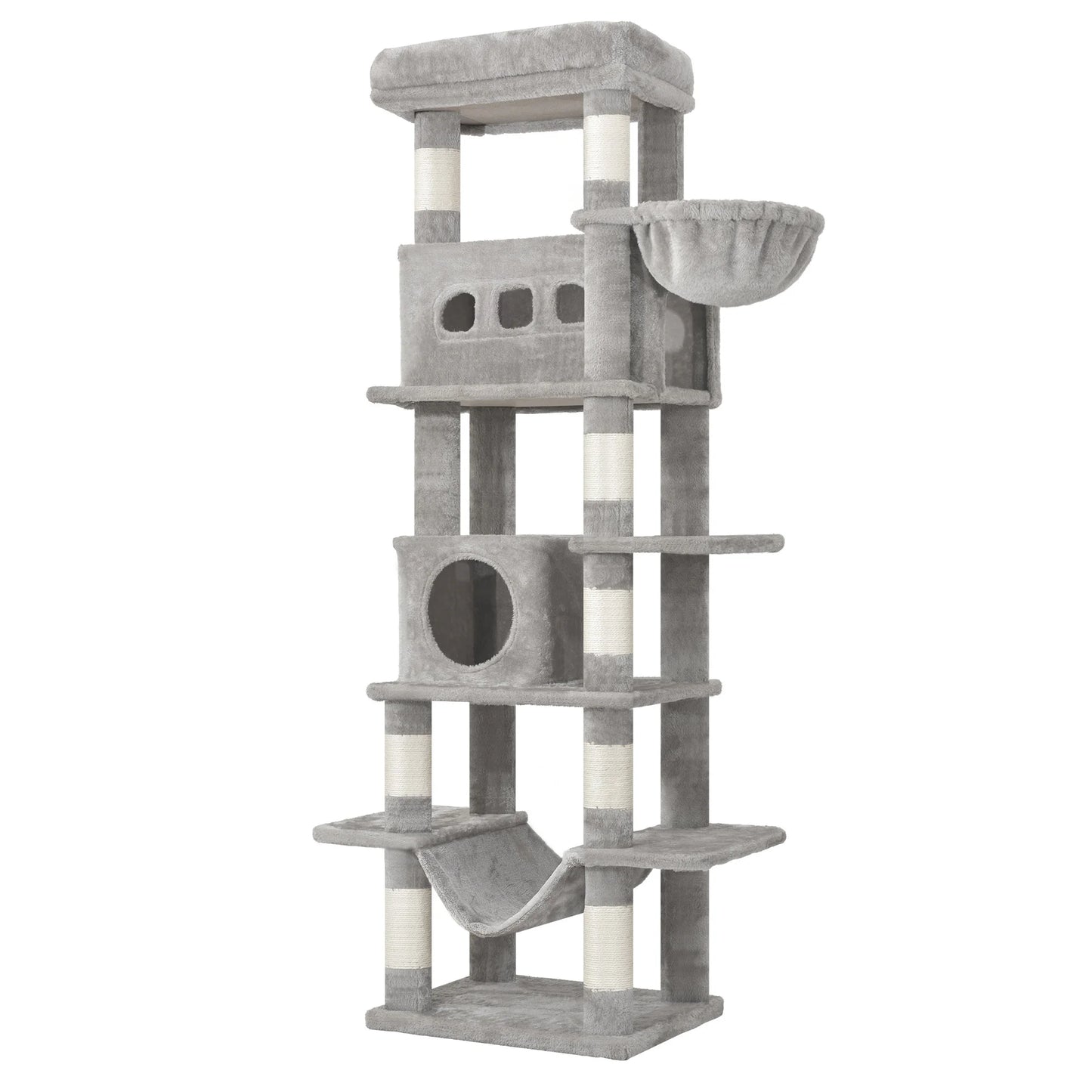 Cat Tree for Indoor Cats, 170 cm Large Tall Cat Tower, Multi-Level Cats House with Condo, 8 Scratching Posts, Hammock, 4 Pom Pom - PrimeNest