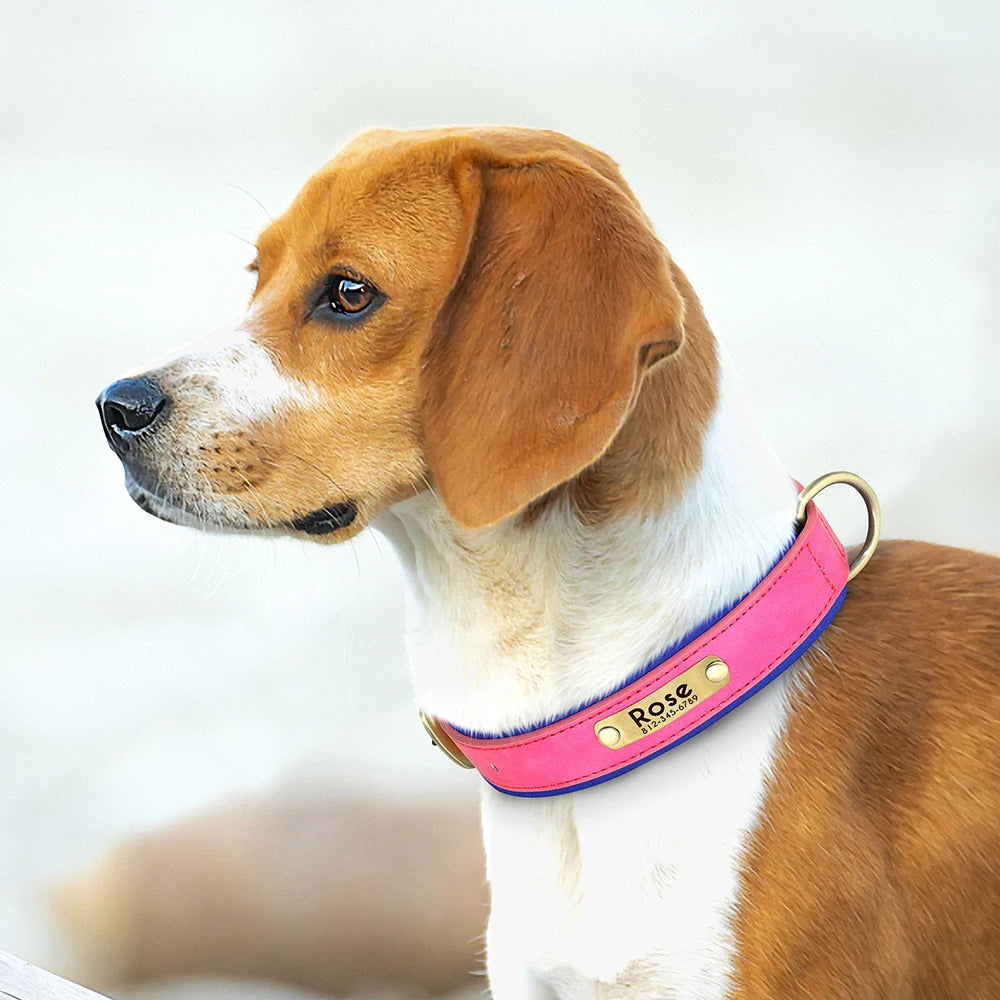 Customized PU Leather Nameplate Dog Collar Soft Padded Dogs Collars Free Engraving Name for Small Medium Large Dogs Adjustable - PrimeNest