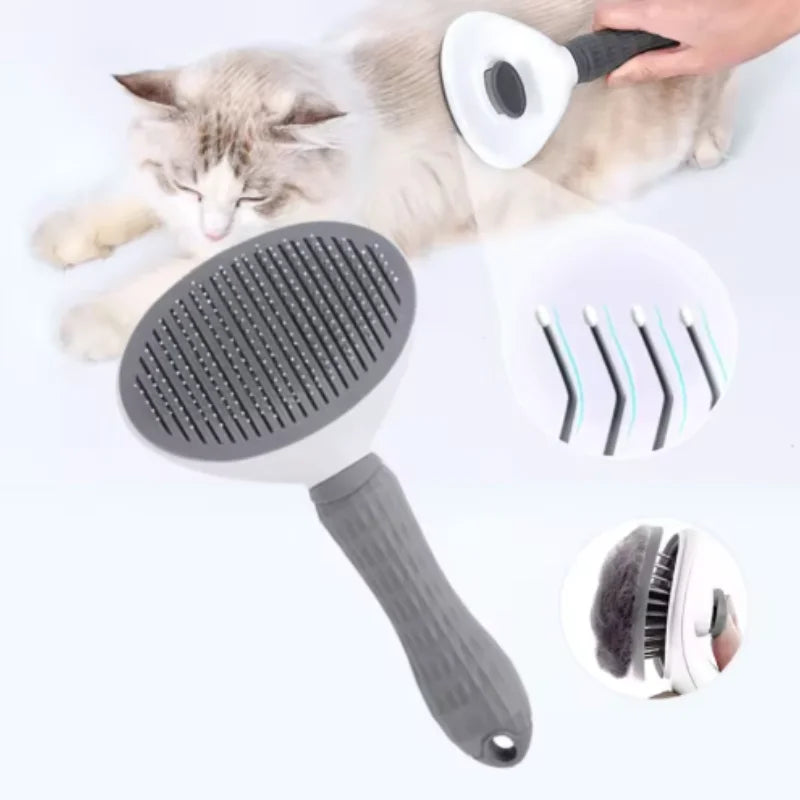 Gray pet grooming brush with paddle head, roller cleaning head, and comb attachment tips