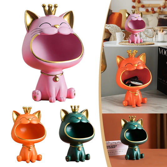 Pink resin lucky cat desk organizer with open mouth tray and gold crown