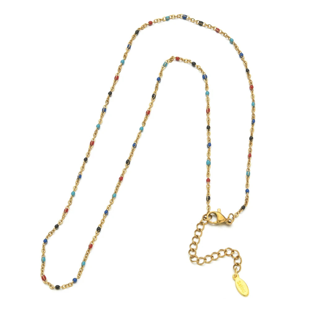 ZMZY Hot Pink Stainless Steel Link Cable Chain Fashion Gold Color Satellite Enamel Beads Necklace for Women Chic Summer Gift
