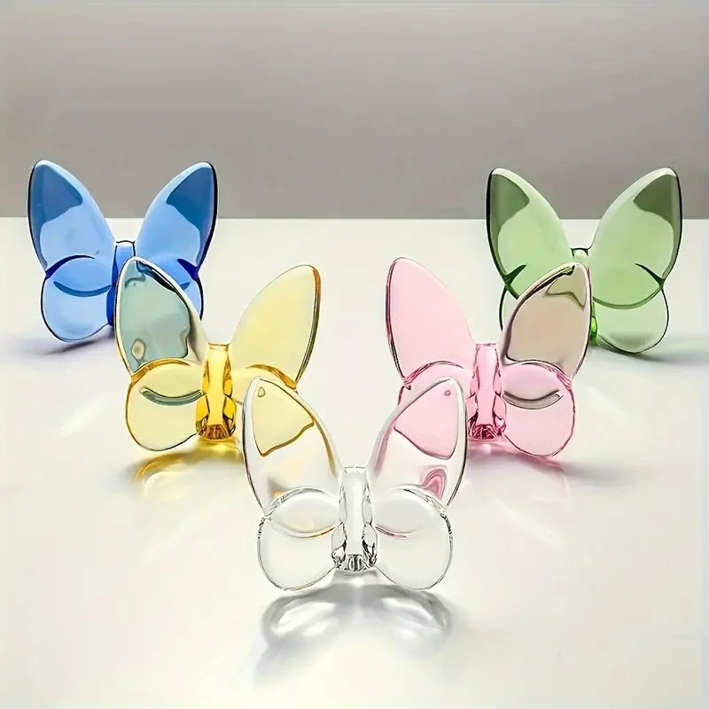Crystal glass butterfly desk ornament set in blue, yellow, pink, and green with mirrored look