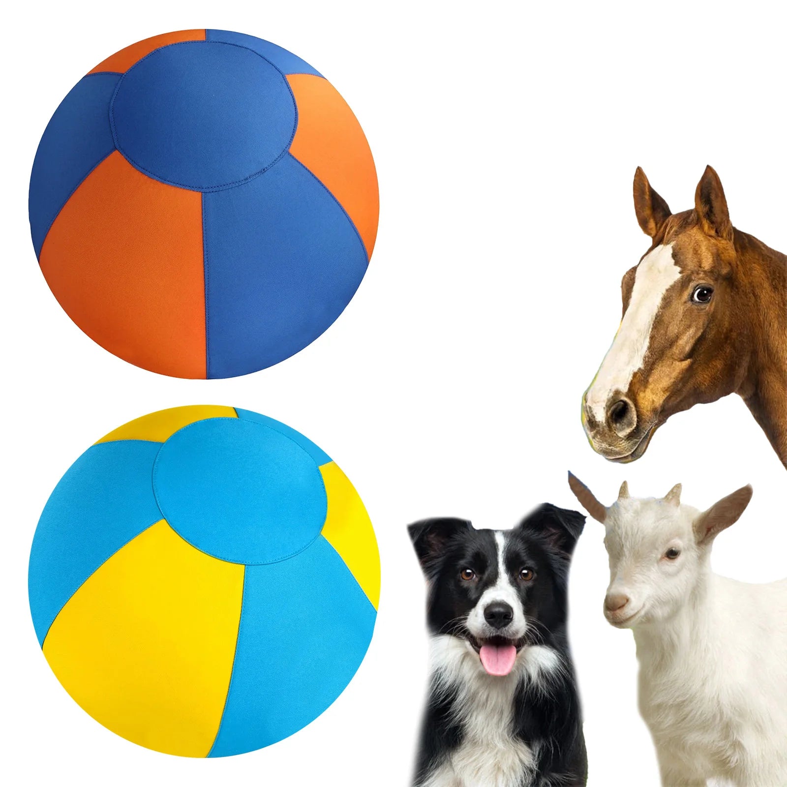 Dog herding ball set showing blue-and-orange and blue-and-yellow styles