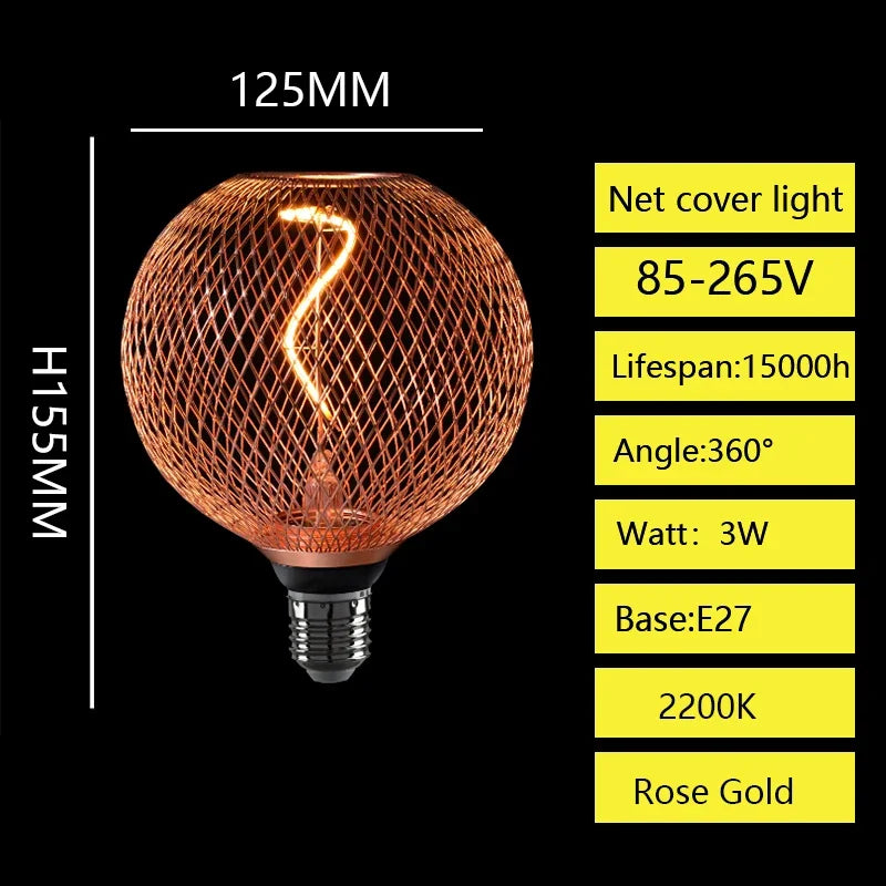 E27 Screw Creative Luxury Black Gold LED Light Bulb  Wrought Iron Mesh Cover Lamp Metal Cage Dining Bar Net Cover Light Lamp