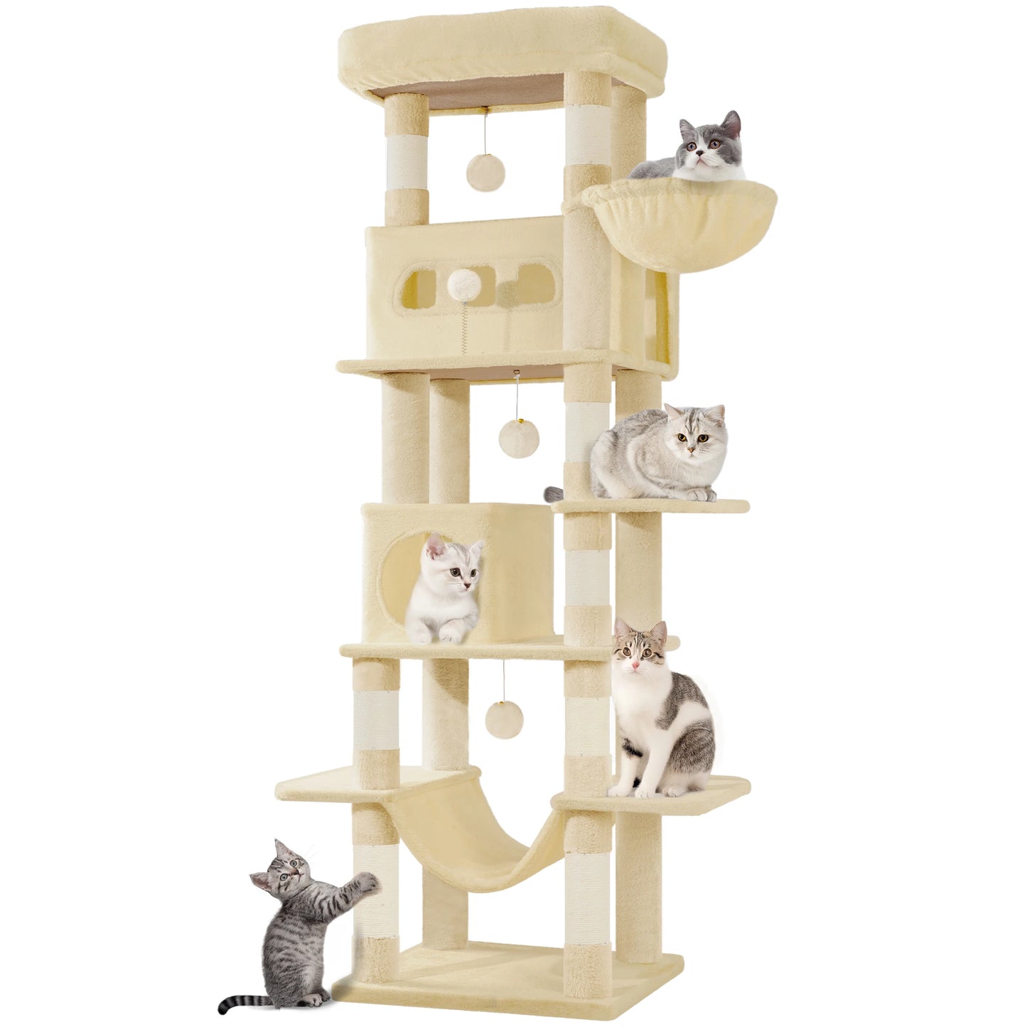 Cat Tree for Indoor Cats, 170 cm Large Tall Cat Tower, Multi-Level Cats House with Condo, 8 Scratching Posts, Hammock, 4 Pom Pom - PrimeNest