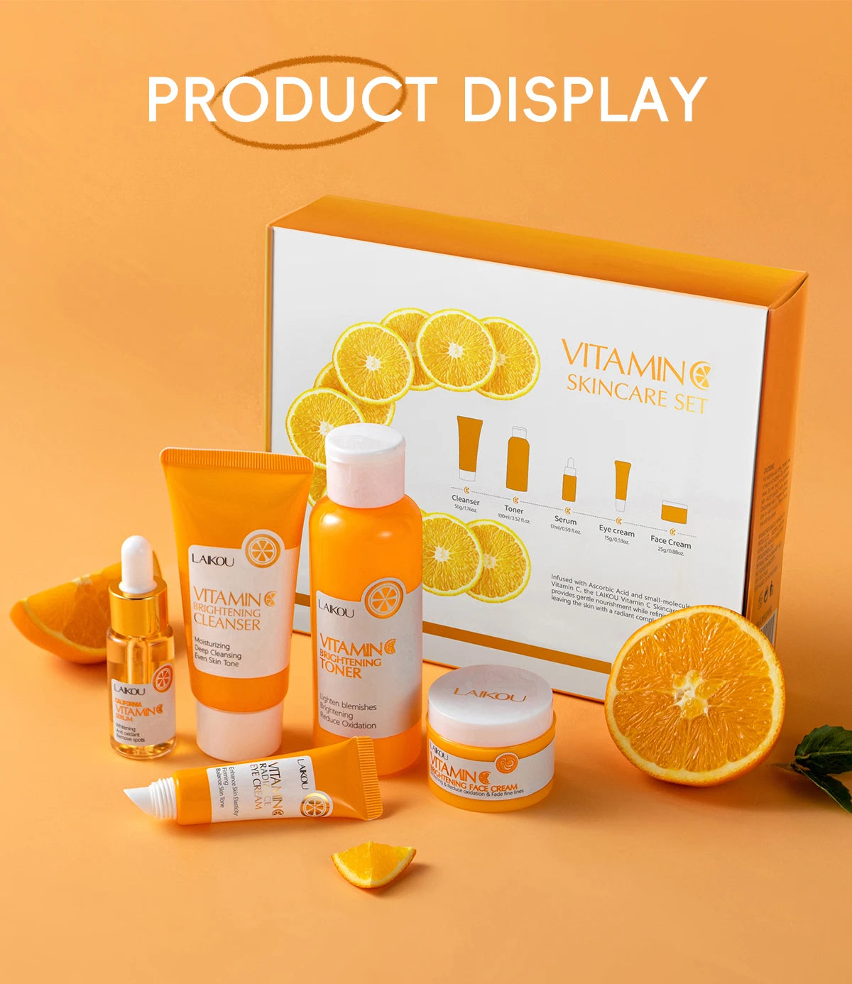 LAIKOU VITAMIN C Skincare Set Brightening 5Pcs Kit Even Skin Tone Smooth Wrinkle Tighten Pores Cleanser Toner Serum Eye Cream - PrimeNest