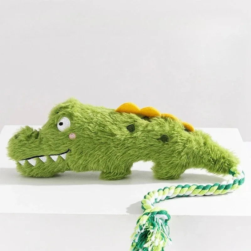 Plush squeaky zoo animal dog toy crocodile, green plush with yellow teeth and rope tail