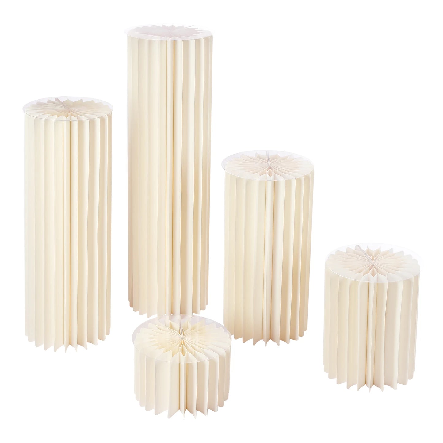 Milky white foldable cardboard flower stands set of 5, ridged cylinders with decorative tops