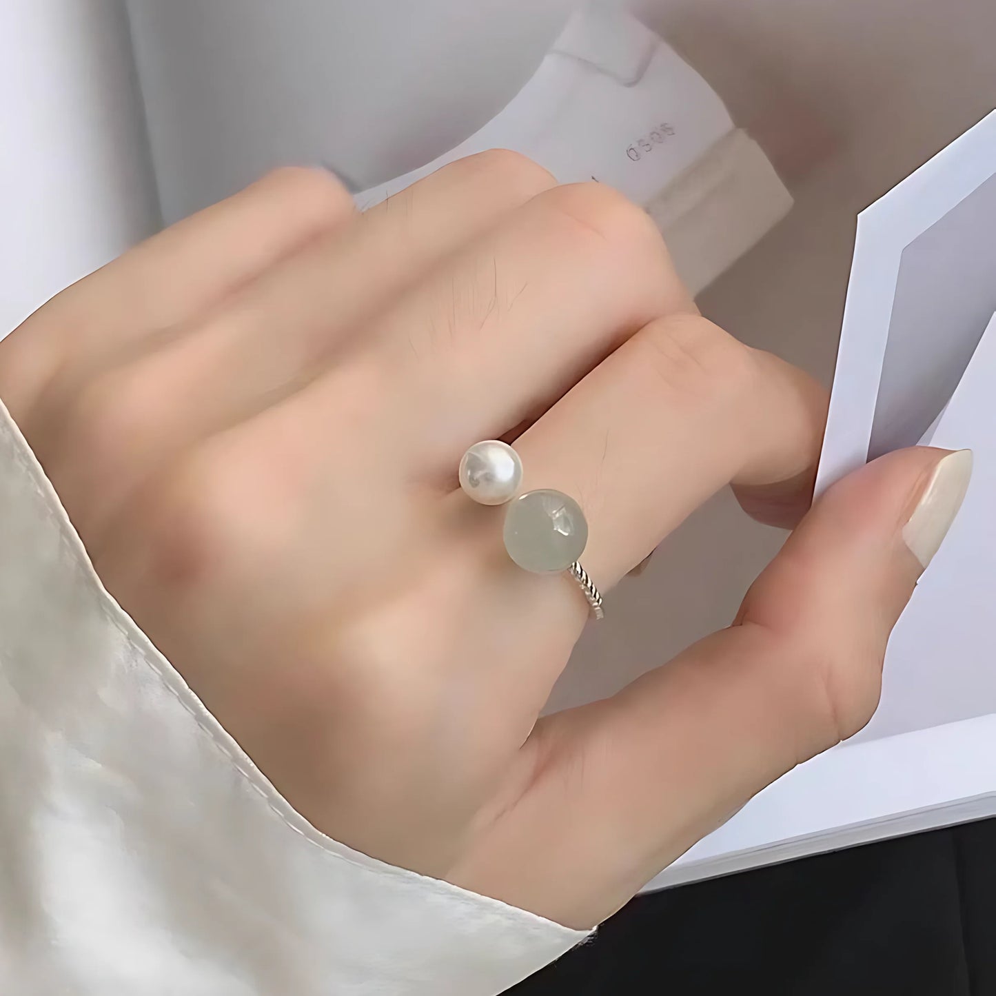 PANJBJ 925 Sterling Silver Hotan Jade Geometric Ring for Women Girl Adjustable Retro Delicate Jewelry Birthday Gift Dropshipping