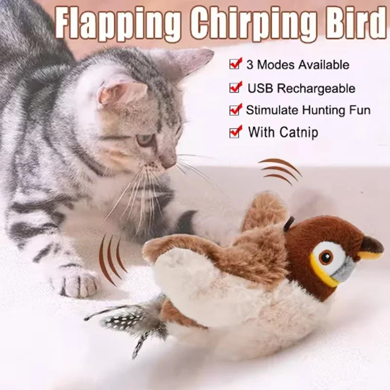 Rechargeable Electric Simulated Bird Pet Toy, Touch Activated Chirping Flapping (No Flying), Interactive Plush Toy for Cats Dogs