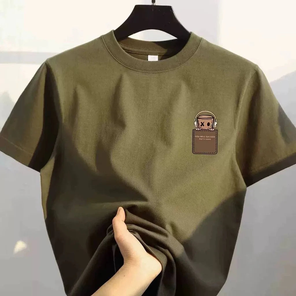 Army green oversized unisex T-shirt with small chest graphic patch