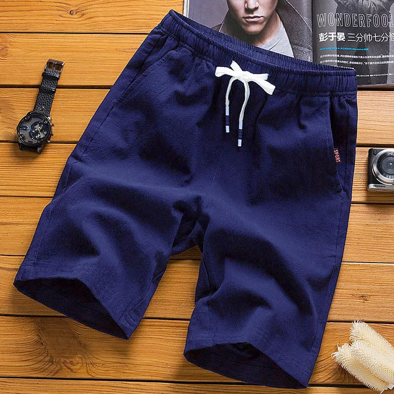 Men's casual drawstring shorts with elastic waist, navy knee-length