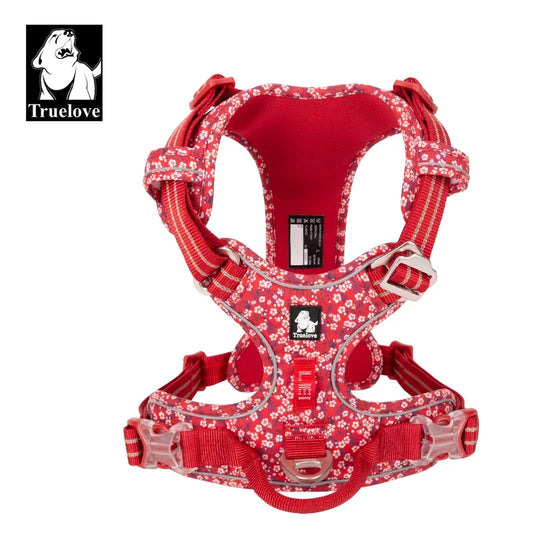 Red floral no-pull cotton dog and cat harness with padded straps and front rings