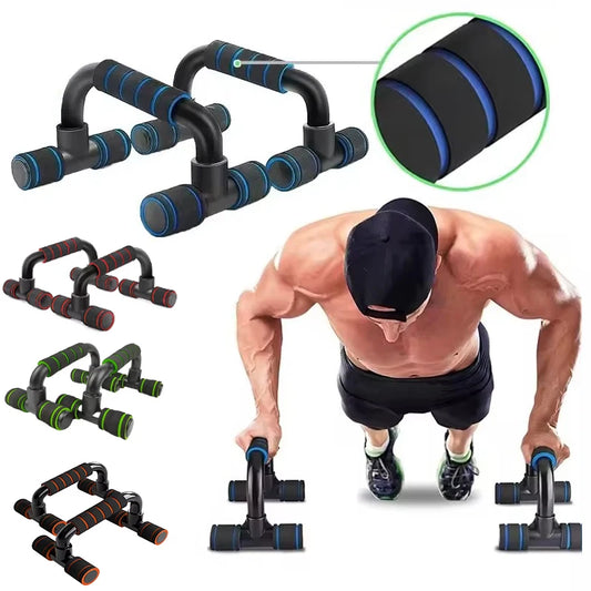 Anti-slip push-up handles with blue foam grips on black U-shaped bars and end caps
