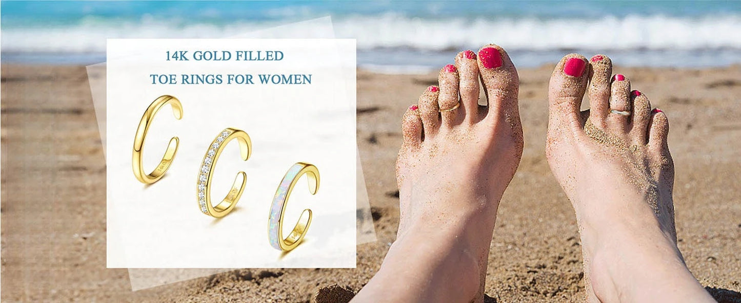 Bobisty 14K Gold Plated Toe Rings for Women Adjustable Toe Ring Cute Opal Flower Toe Rings Open Band Beach Summer Foot Jewelry