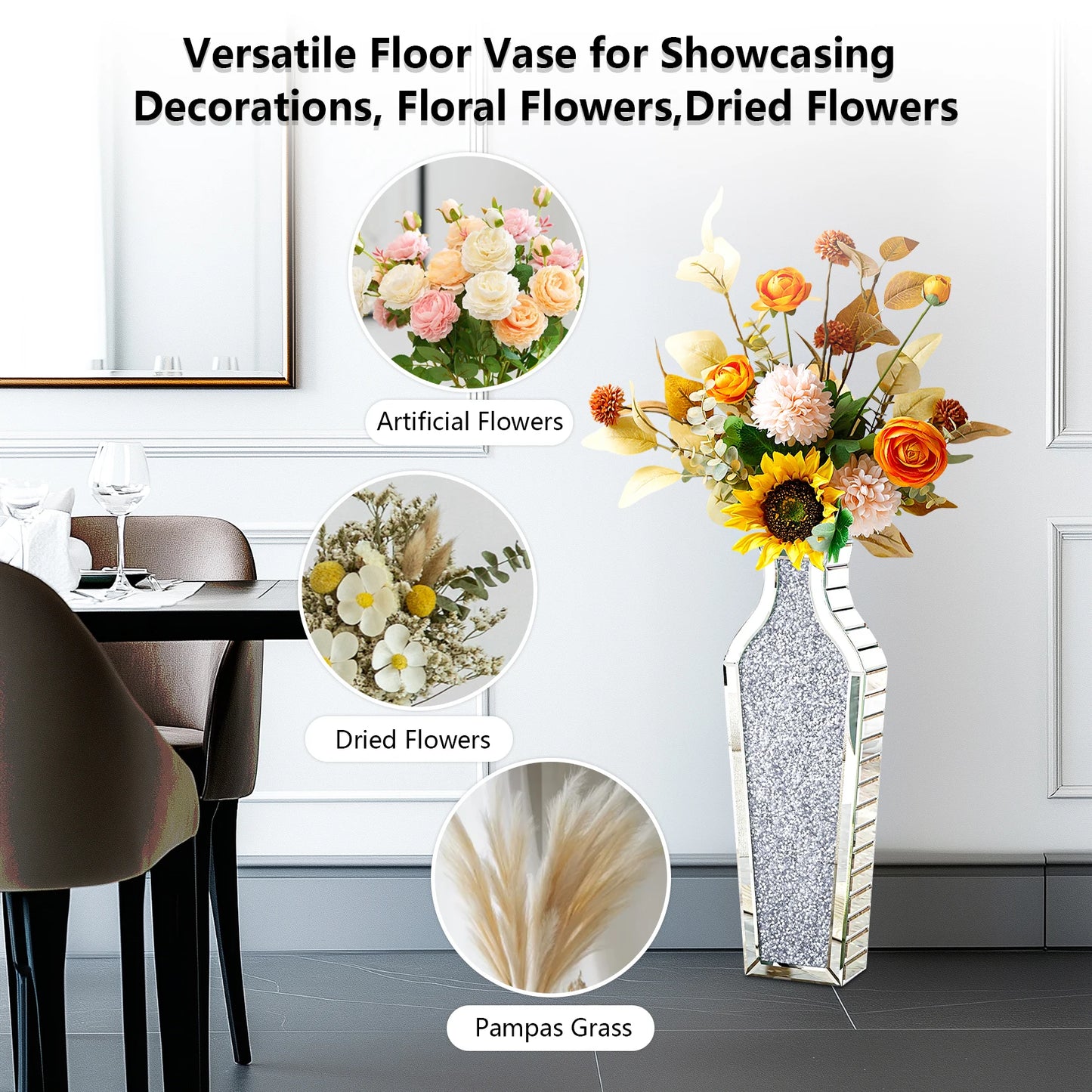 Crushed Diamond Floor Vase | Silver Mirrored Glass