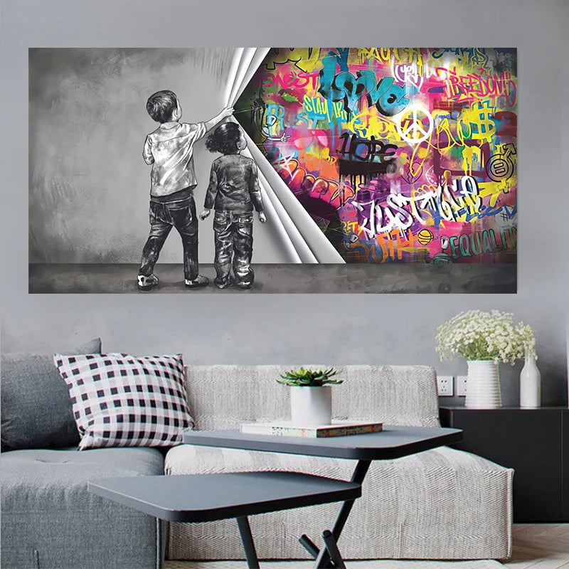 Banks Graffiti Art Fun Two Children Pulling Cloth Posters and Print Canvas Painting Wall Art Pictures for Living Room Home Decor