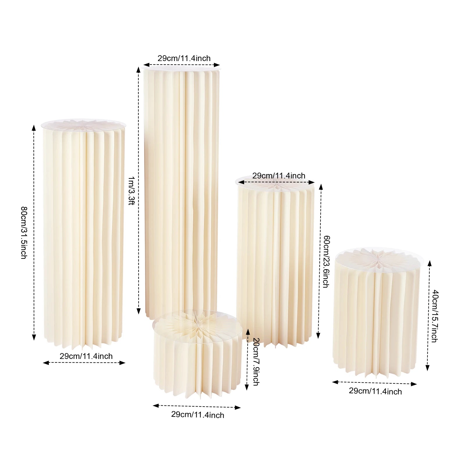 Milky white cardboard flower stand set with height and base dimension diagram