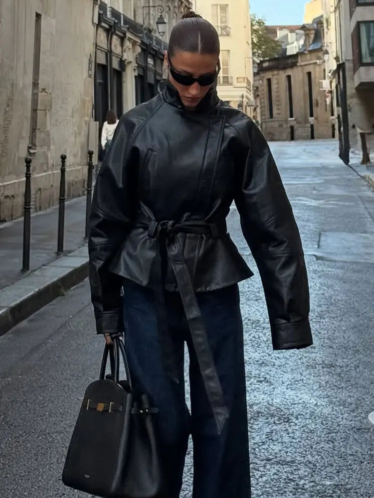 Faux Leather Belted Moto Jacket