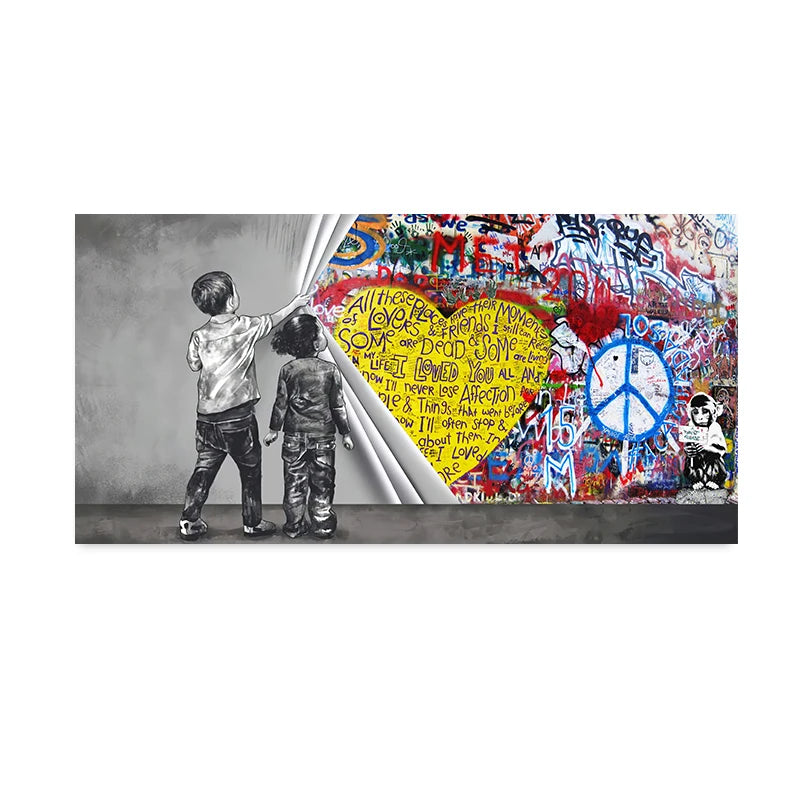 Banks Graffiti Art Fun Two Children Pulling Cloth Posters and Print Canvas Painting Wall Art Pictures for Living Room Home Decor